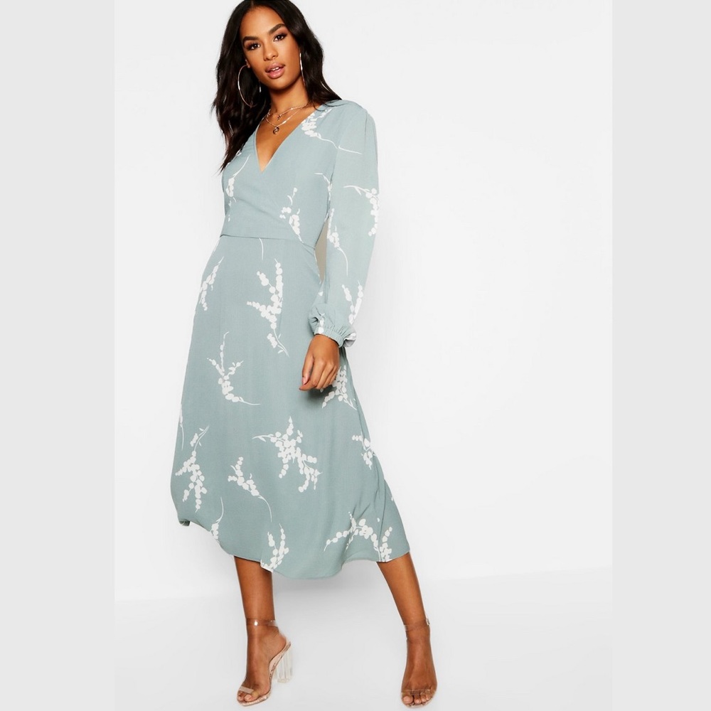 BOOHOO Tall Floral Print Wrap Midi Dress Sage